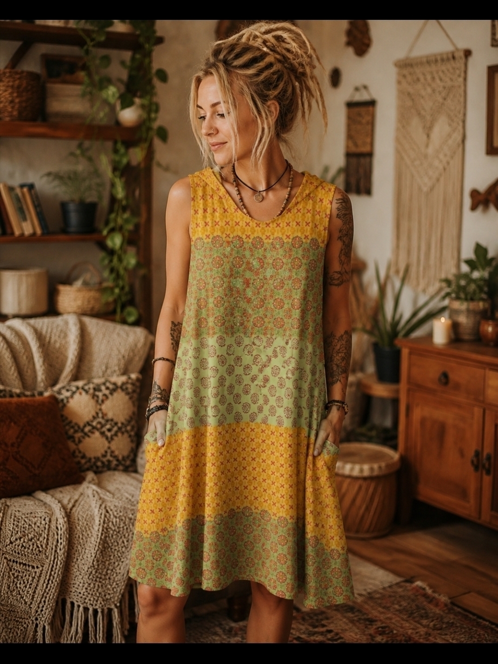 4/$15 Women's Sleeveless Patchwork Floral Dress in Yellow & Green Sz L